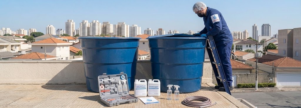 Profissional realizando Imunização e Desinfecção Bacteriológica de Caixas D'água em Araquari